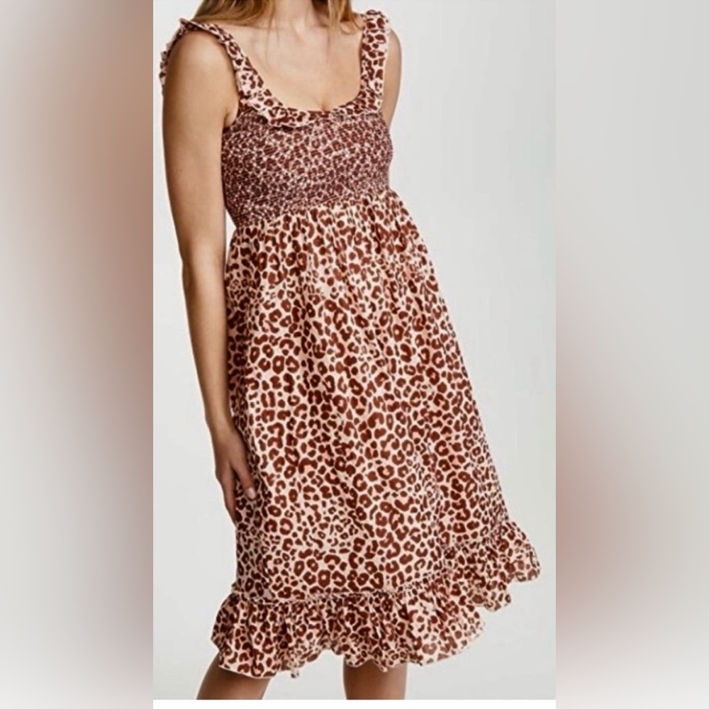 Valencia & Vine Midi Dress Cotton Ruffled Leopard print in brown & cream size M